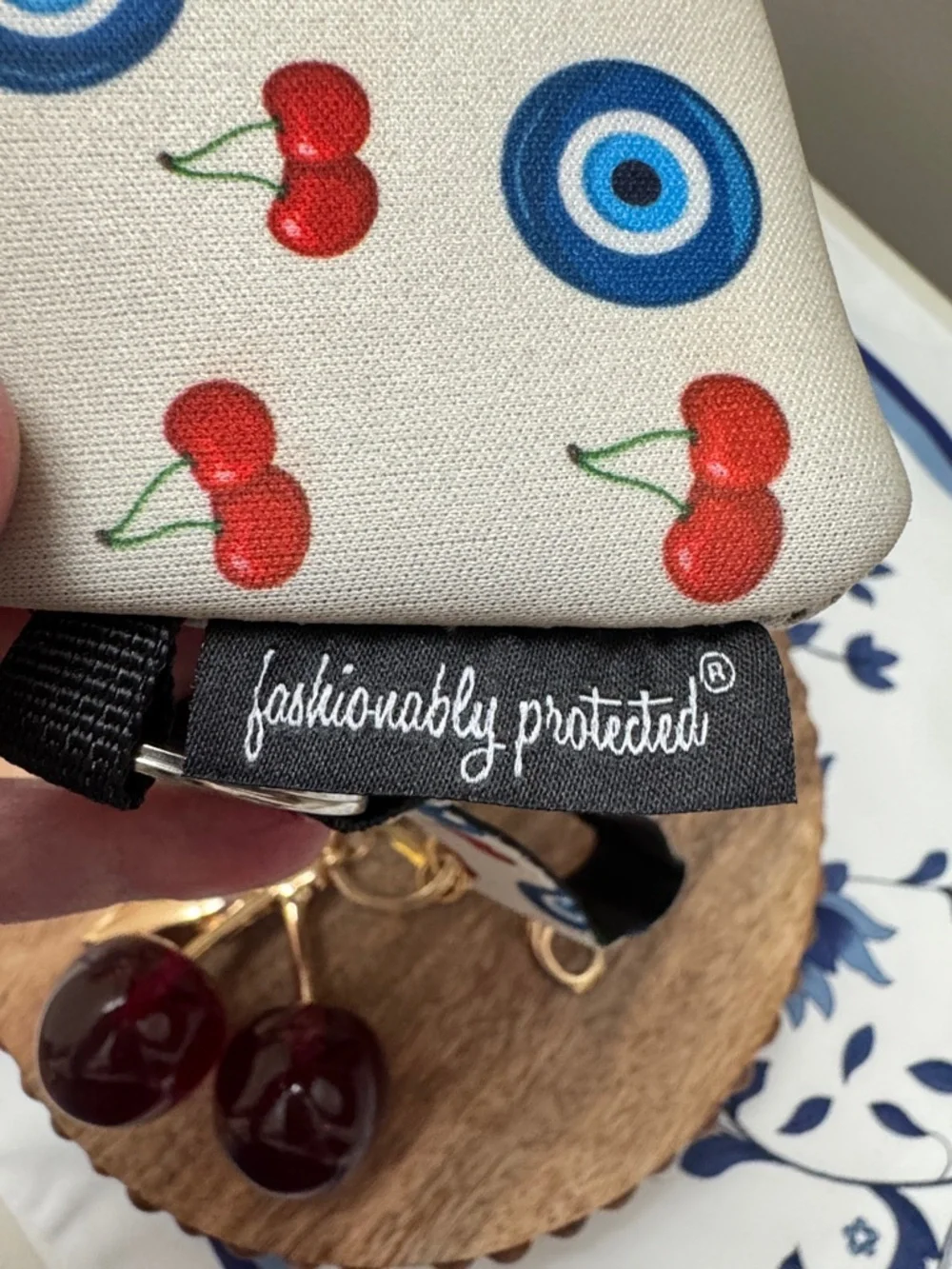 Fashionably Protected Cherry & Evil Eye Wristlet Pouch – Cream - Picture 7 of 9